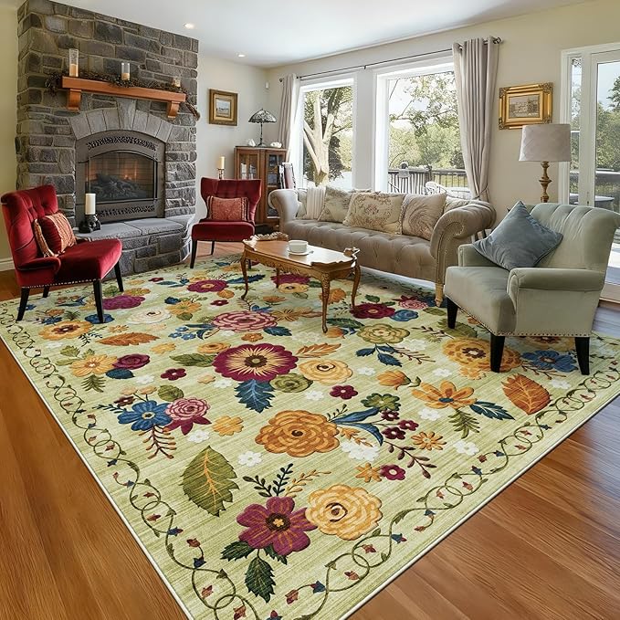 8x10 Machine Washable Area Rug for Living Room, Green Vintage Boho Floral Rug Large Non-Slip Low Pile Soft Faux Wool Carpet, Kids and Pets Friendly for Bedroom Dining Room Farmhouse Home Decor Rug