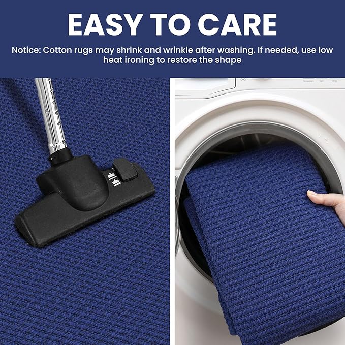 IOHOUZE Washable Runner Rug 2.6x8 Non Slip Rubber Backed Wide Hallway Runner Entryway Runner Indoor, Kitchen Rugs Woven Cotton Floor Carpet for Hall Entrance Bedroom, Royal Blue/Navy