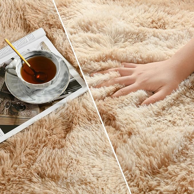 Shag Area Rug, 4 X 6 Tie-Dyed Plush Fuzzy Rugs for Living Room, Ultra Soft Fluffy Furry Rug for Bedroom, Indoor Carpet Nursery Rugs for Kids Room Home Decor, Beige
