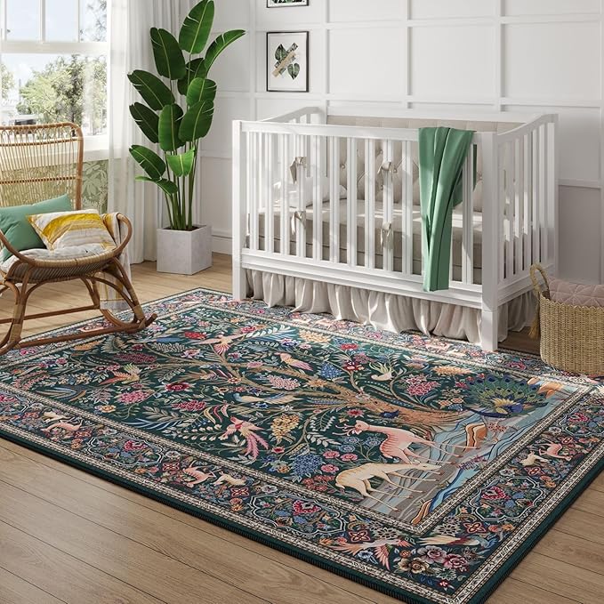 Rugcomf Area Rugs 5x7 Vibrant Tree of Life-Patterned Vintage Washable Area Rug Non Slip Low Pile Large Rugs for Living Room Bedroom Farmhouse Dining Room Kids Playroom, Green