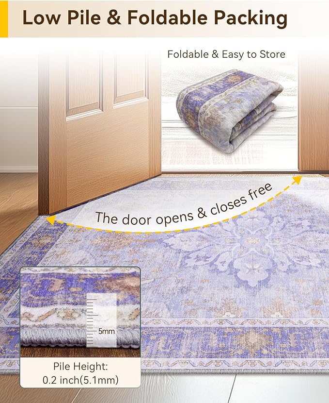 Area Rugs 9'x12' Washable Non-Slip, Floral Vintage Distress Print Pattern Medallion Carpet for Living Room Bedroom Dining Room, Light Purple Brown