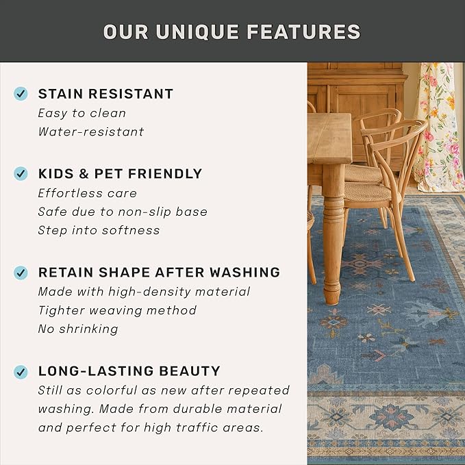Boho 2x5 Kitchen Rugs Non Slip - Washable Blue Runner Rug for Bedroom Beside Bed, Laundry Room, Hallway, Non Slip with Rubber Backing, Floral Eclectic Unique Runner Décor