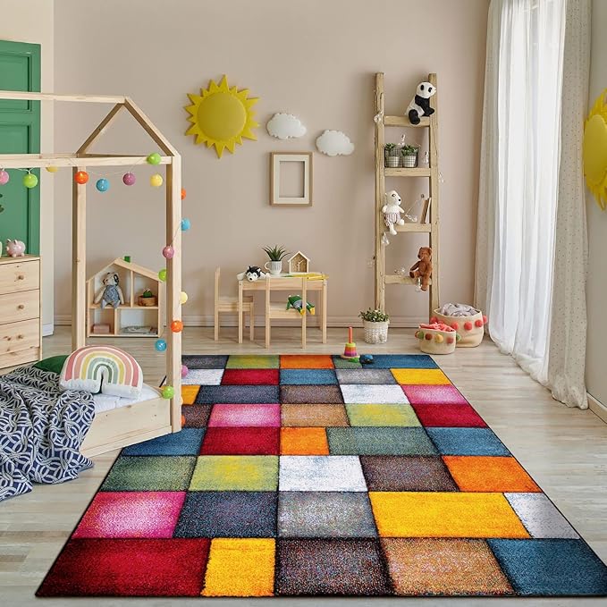Paco Home Colorful Living Room Rug Checkered Design with Squares Multicolor, Size: 5'3" x 7'7"