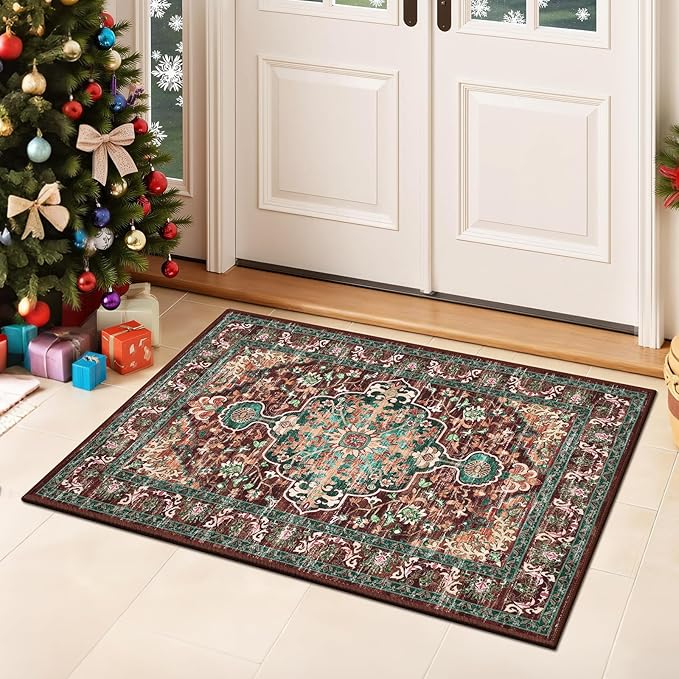 U'Artlines 2x3 Washable Boho Area Rug, Small Non Slip Vintage Doormat for Indoor Front Door Ultra Thin Mat Carpet for Entryway Kitchen Bathroom Bedroom Rust＆Teal