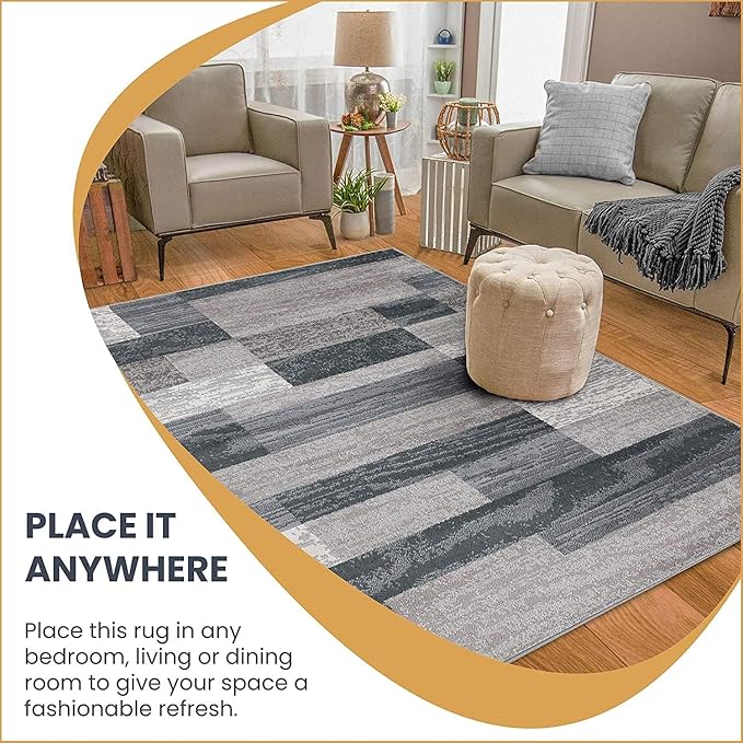 Superior Indoor Runner Rug, Jute Backed, Modern Geometric Patchwork Floor Decor for Bedroom, Office, Living Room, Entryway, Hardwood Floors, Rockwood Collection, 2' 7" x 10', Blue-Taupe
