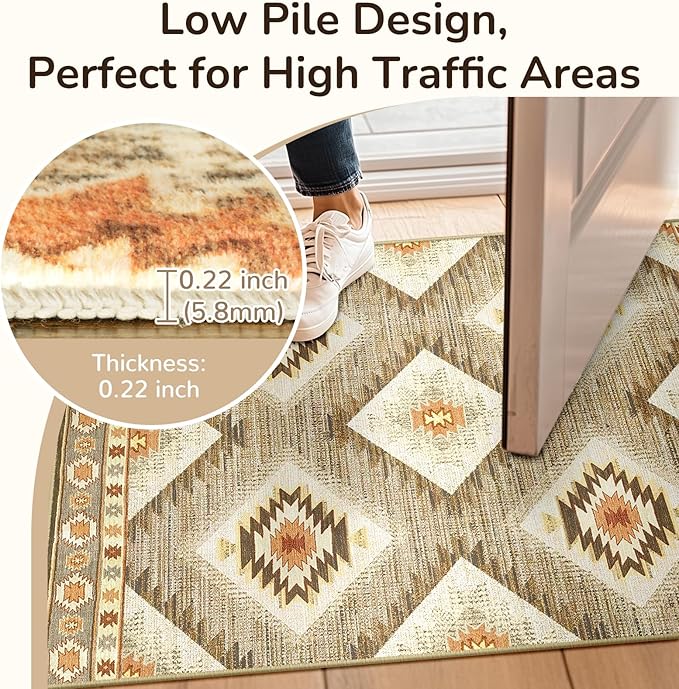 Area Rug 2x4 Rug Machine Washable Non-Slip Low Pile Print Pattern Western Rug for Living Room Bedroom Entryway Tribal Series-Cream/Camel