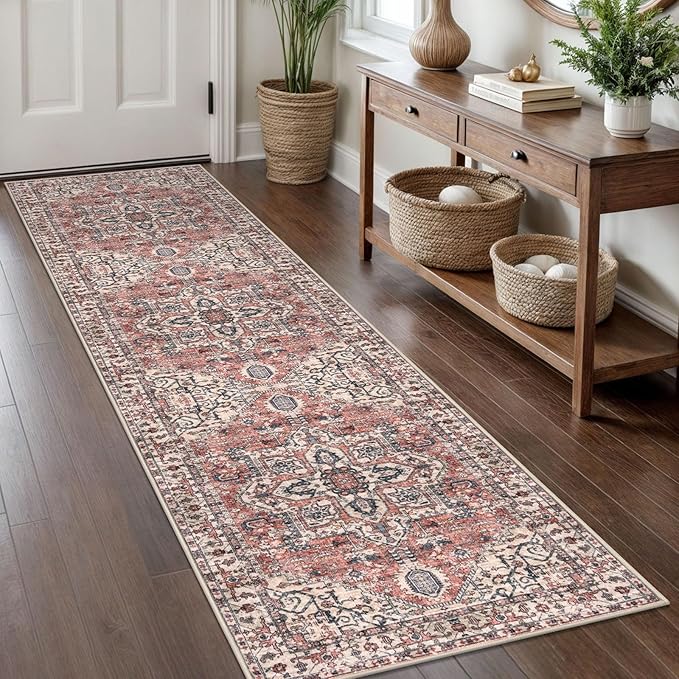 KOZYFLY Runners for Hallways 2x8 Ft Washable Kitchen Runner Rug Boho Entry Rug for Hallways Indoor Printed Faux Wool Long Floor Carpet for Entryway Bedroom Kitchen Hallway, Terracotta/Beige