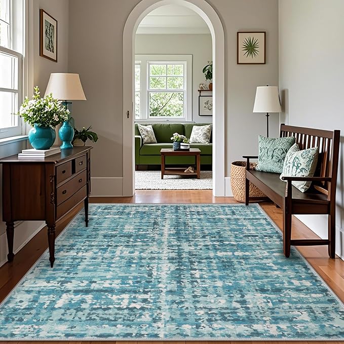 8x10 Abstract Area Rugs for Living Room, Modern Teal Blue Washable Indoor Rug for Bedroom, Thin Soft Large Non-Slip Carpet for Dining Room Home Office Farmhouse Decor
