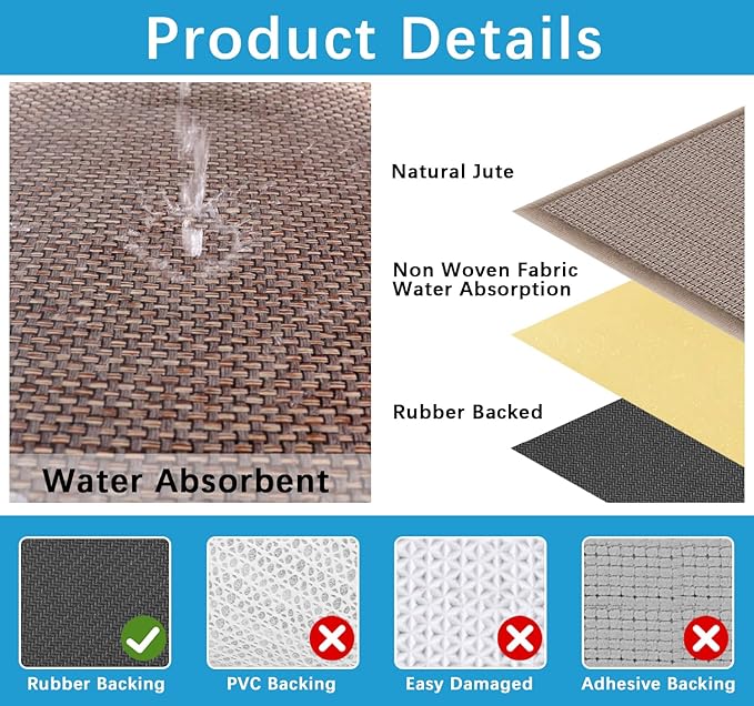 GOYLSER Kitchen Runner Rugs Non Skid Washable, 6ft Absorbent Jute Kitchen Rug Carpet, Braid Hallway Floor Sink Mat Non Slip, Light Brown