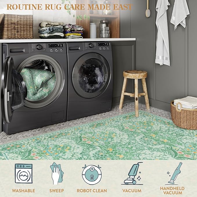 Lahome Floral Washable Kitchen Runner Rug, 2x6 Runners for Hallways Non Slip Ultra-Thin, Boho Soft Hallway Rug Forest Green Carpet for Bedroom Bathroom Laundry Room, Sage Green