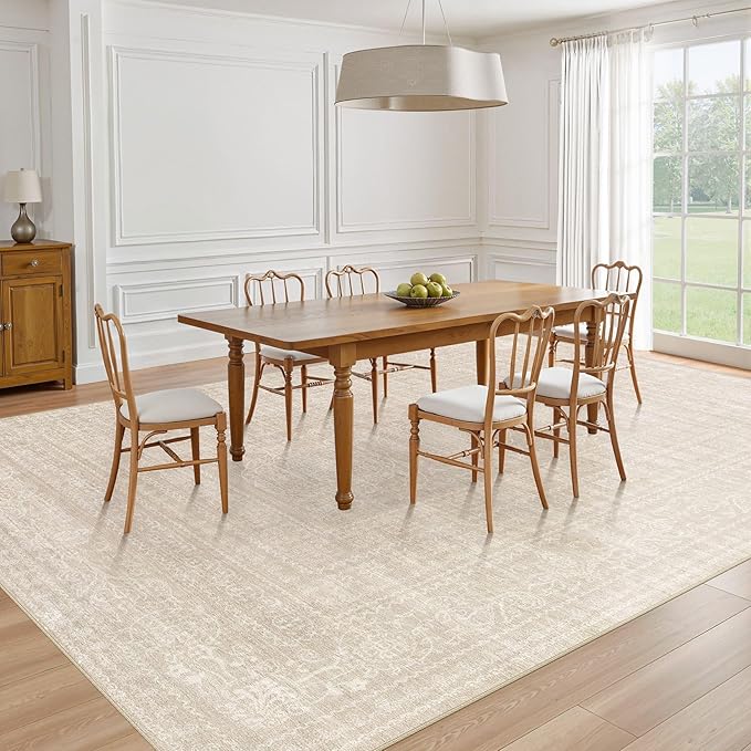 Area Rugs 9x12 Living Room: Washable Large Vintage Beige Rug Neutral Non-Slip Soft Stain Resistant Indoor Carpet for Bedroom Nursery Dining Room Under Table Bed Home House Office Playroom