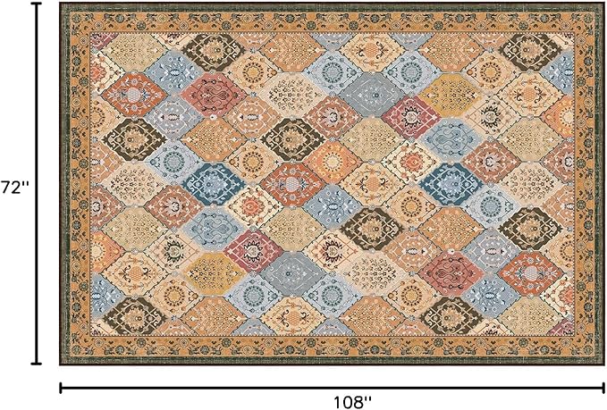 Phantoscope Washable Area Rug 6'x9' Non-Slip, Vintage Boho Rugs for Living Room, Bedroom, Dining Room, Distressed Moroccan Mosaic Diamond Pattern, Low-Pile Foldable Floor Carpet, Terracotta/Rust