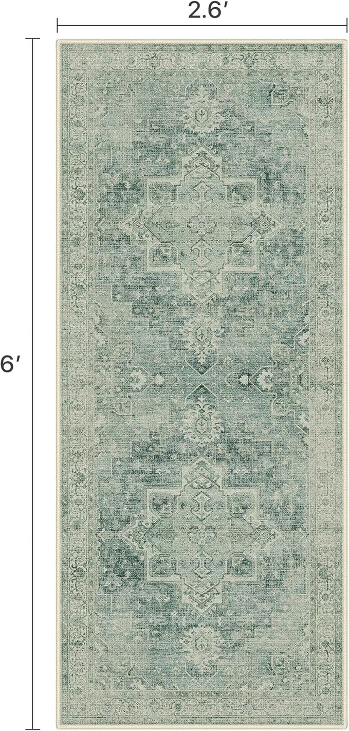 Runner Rug 2'6''x6 Non Slip Machine Washable Vintage Hallway Runner Rug, Low PileLight Weight Rugs for Entryway, Hallway, Kitchen and Corridor, Green