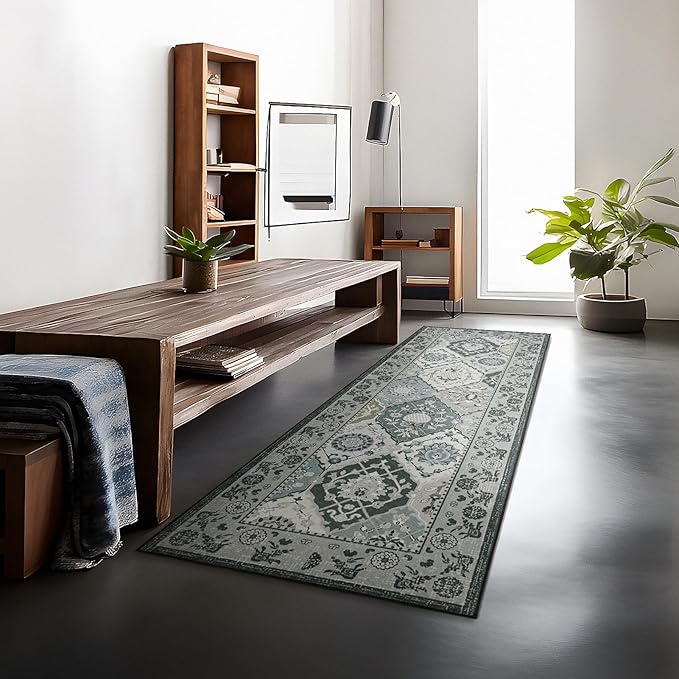 Phantoscope Washable Runner Rug 2'x6' Non-Slip, Vintage Boho Hallway Rugs for Entryway, Stair, Bedroom, Distressed Moroccan Mosaic Diamond Pattern, Low-Pile Foldable Floor Carpet, Grey Charcoal