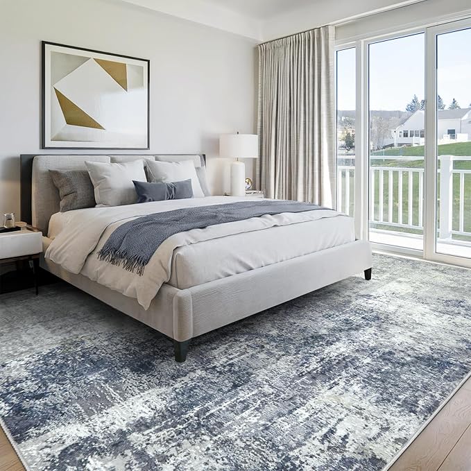 Washable Area Rugs for Living Room 9x12 - Large Neutral Modern Abstract Rug, Soft Low Pile Carpet with Non Slip Backing for Under Dining Room Table, Bedroom, Home, Office, Dorm - Indigo Gray