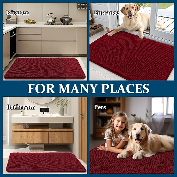 OLANLY Dog Door Mat for Muddy Paws 24x16, Absorbs Moisture and Dirt, Absorbent Non-Slip Washable Doormat, Quick Dry Chenille Mud Mat for Dogs, Entry Indoor Entryway Carpet for Inside Floor, Red