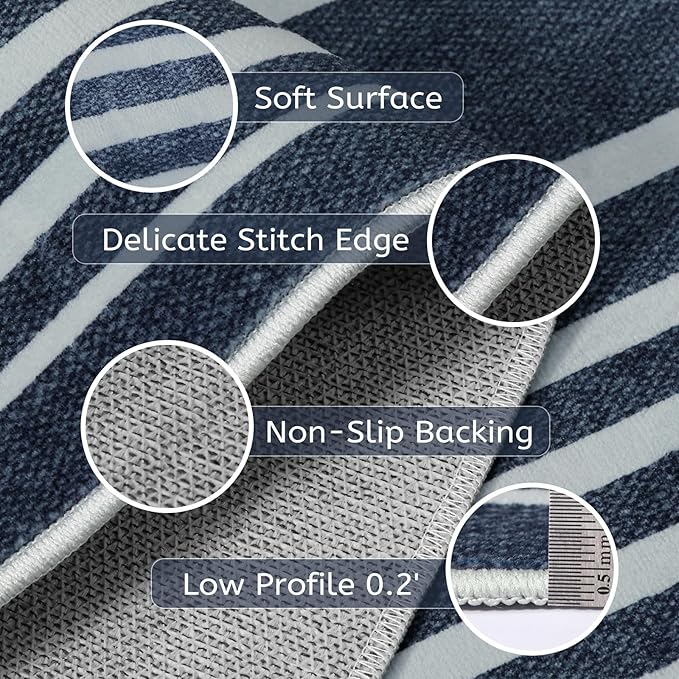 Beeiva Striped 2X6 Runner Rug for Bathroom, Washable Runners for Hallways Entryway, Blue Runner Rugs with Non Slip Rubber Backing, Soft Low Pile Floor Carpet for Indoor Kitchen Porch Bedroom