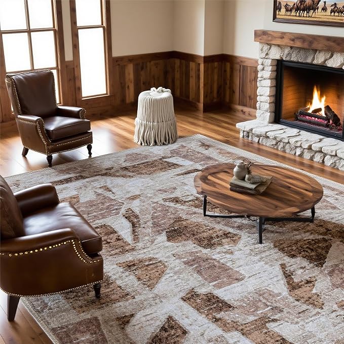 Brown 6X9 Area Rugs for Living Room Bedroom,Modern Abstract Large Carpet Washable Rugs 6X9 for Dining Room Office,Non Slip Print Faux Wool Thin 6 by 9 Indoor Nursery Kids Home Pet & Child Friendly