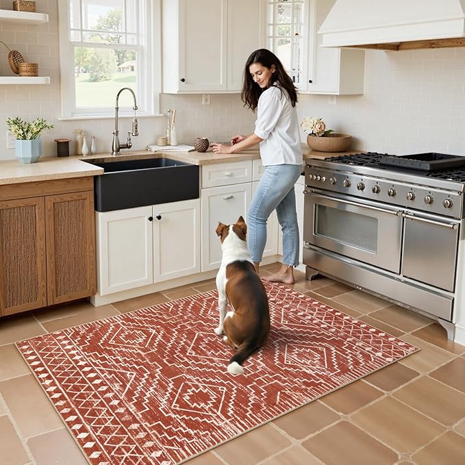 Wonnitar Moroccan 4x6 Bedroom Area Rug, Washable Soft Rug for Living Room, Non-Slip Bohemian Large Rug Non-Shedding Low Pile Floor Carpet for Kitchen Guest Room Entrance (Brown,4'x6')