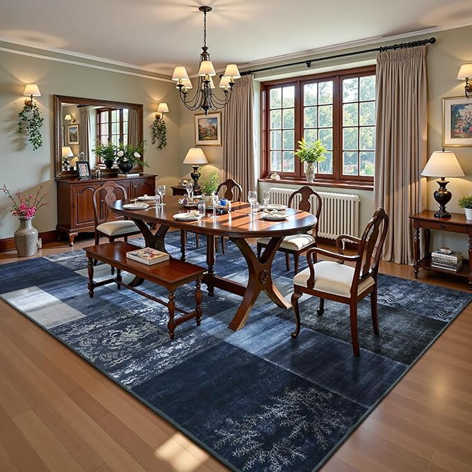 DweIke Washable Area Rugs for Living Room, 5x7 Soft Bedroom Rugs, Geometric Print Non-Slip Modern Rug, Stain Resistant Throw Carpets for Office Nursery Dining Room Home Dorm Decor, Navy Blue