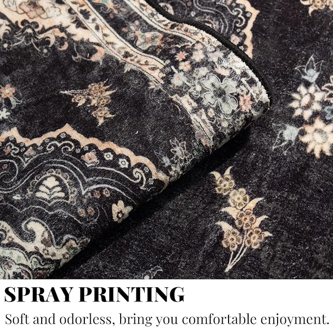 MUJOO 9’x12’ Area Rug Large Rugs for Living Room Bedroom Dining Room,Boho Washable Non Slip Bohemian Vintage Distressed Farmhouse Non Slip Big Carpet,Black Floral Flowers