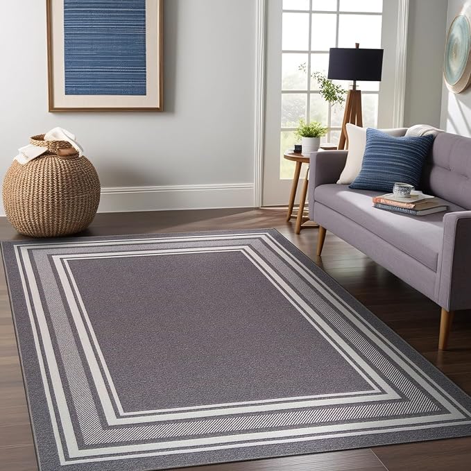 Beverly Rug Non Slip Area Rugs 8x10 Modern Bordered Non Skid Rubber Backing Soft Area Rug for Living Dining Room Easy to Clean Non Shedding Kitchen Bedroom Indoor Carpet 8 x 10 Gray