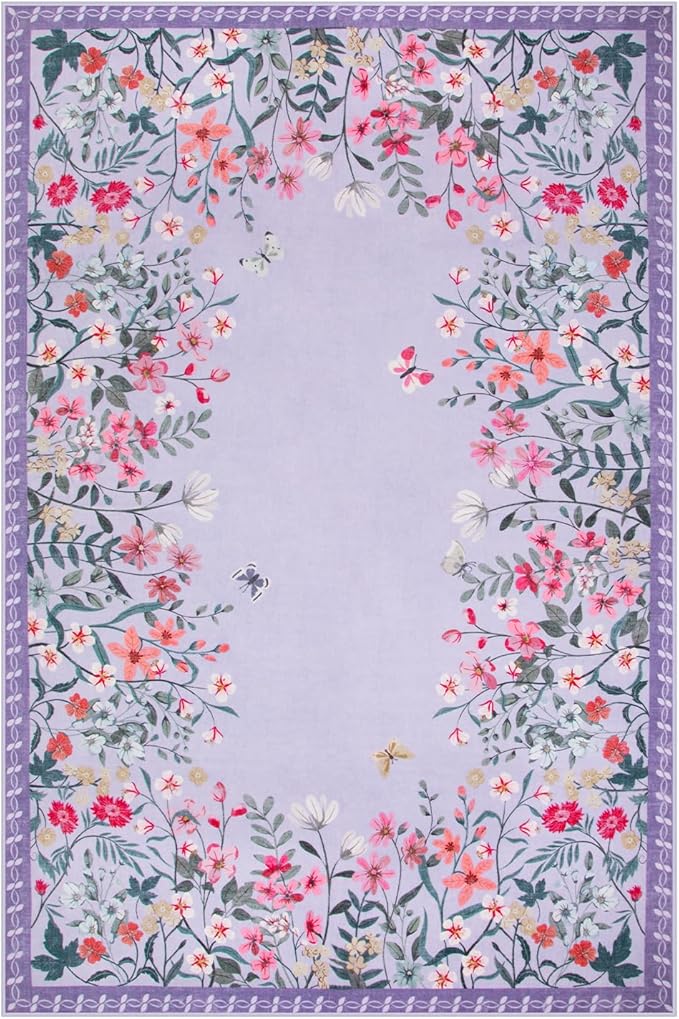 Wonnitar Washable 4x6 Rug, Purple Rugs for Girls Bedroom, Soft Non-Slip Nursery Area Rug, Floral Rug Kids Room Low Pile Throw Carpet for Dorm Decor (Purple,4'x6')
