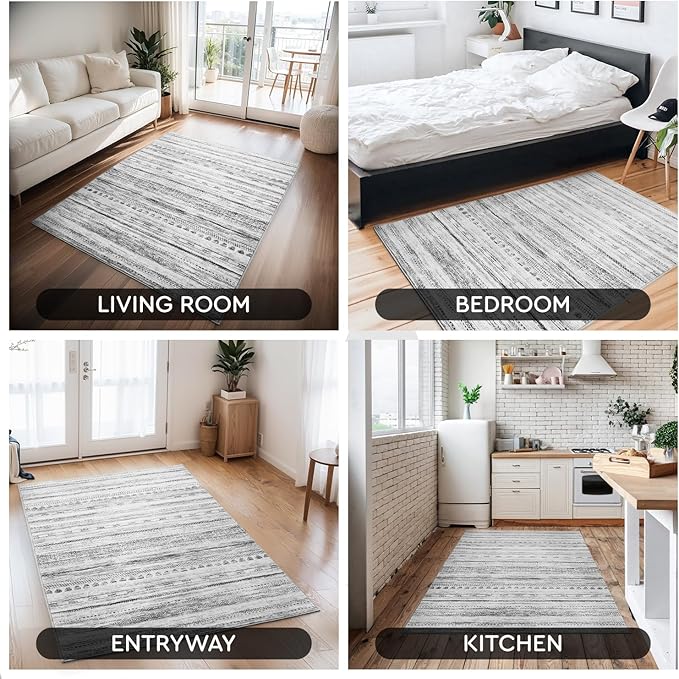 3x5 Area Rug Machine Washable Non Slip Rug Distressed Neutral Moroccan Boho Rug Ultra Soft Indoor Rugs for Bedroom Living Room Entryway Kitchen Foyer Bedside, Black