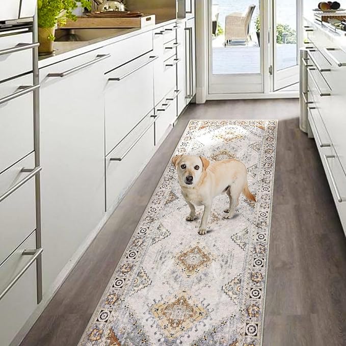 COMSLE Boho Runner Rug, 2x6 Washable Rugs for Hallway Faux Wool Small Throw Rug Distressed Kitchen Area Rug Non-Slip Laundry Room Rug Carpet Runner for Entryway Indoor Bedroom (Khaki)