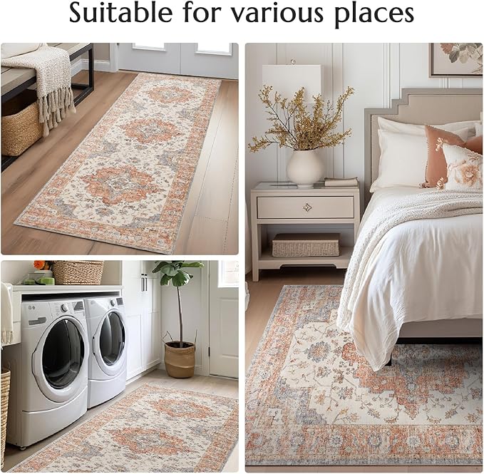 jinchan Area Rug 5x7 Vintage Washable Bedroom Rug Floral Medallion Lightweight Non Slip Thin Retro Classic Soft Boho Floor Cover Farmhouse Carpet for Living Room Dining Room Kitchen Brick Red