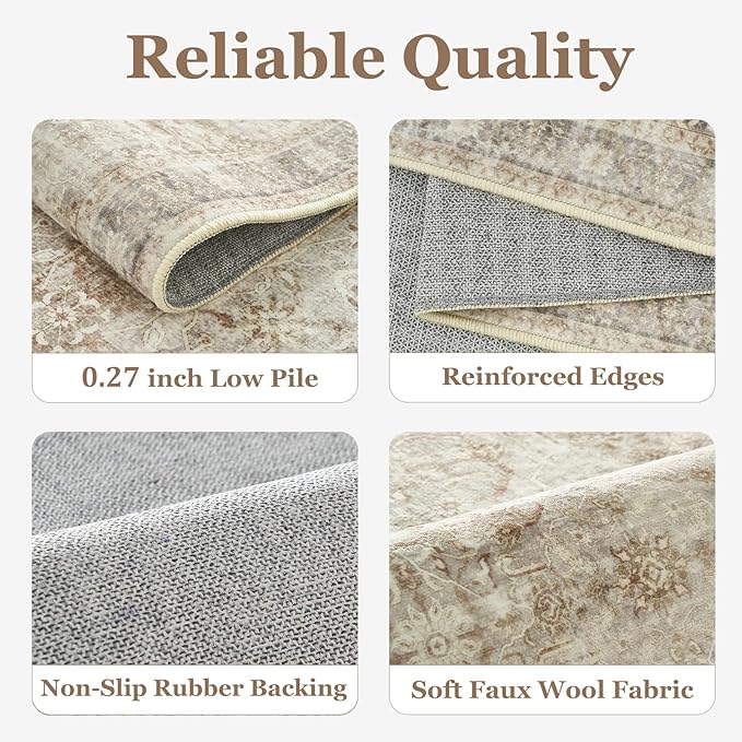 Neutral Beige 5x7 Area Rugs for Living Room Bedroom, Washable Non Slip Low Pile Thin Soft Carpet Rugs for Dining Room/Kitchen/Home Office/Nursery, Vintage Earth Tone Rug with Decorative Fringe