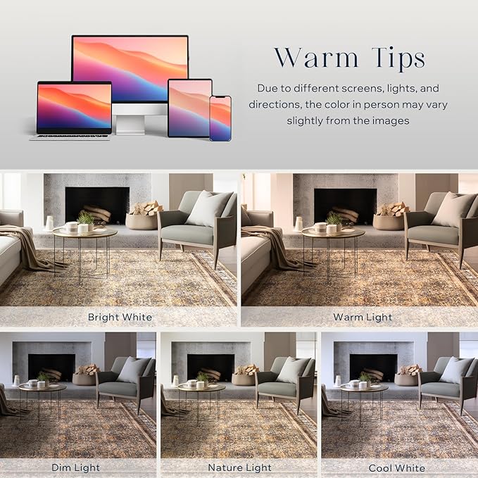 Phantoscope Washable Area Rug 8'x10' Non-Slip, Vintage Neutral Rugs for Living Room, Bedroom, Dining Room, Distressed Boho Floral Medallion Pattern, Low-Pile Foldable Carpet, Brown/Charcoal Spice