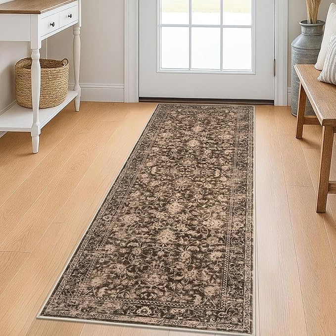 KILOCOCO Hallway Runner 2x5 Kitchen Runner Rug Printed Vintage Floral Washable Non-Slip Runners for Hallways Laundry Room Rugs Distressed Boho Rug Runners for Bedroom, Rust Brown Red