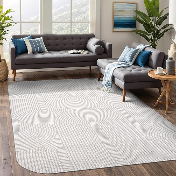 Beverly Rug Modern Geometric Area Rug 4x6 Low-High Pile Durable Soft Abstract Semi-Circles Indoor Rugs for Living Dining Room Office Stain Resistant Non Shedding Indoor Carpet Beige White 4 x 6