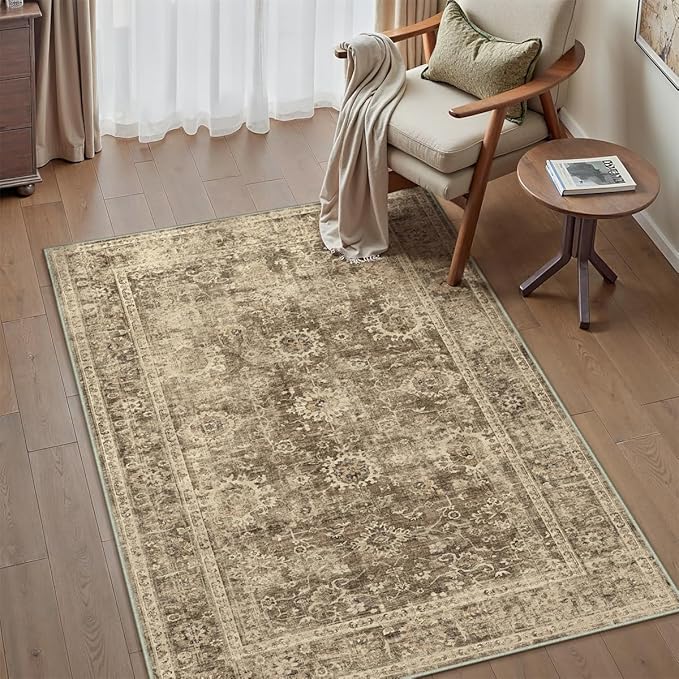 4x5 Washable Area Rug for Entryway Office Brown Vintage Non-Slip Low Pile Distressed Rustic Carpet Lightweight Vacuumable Soft Throw Rug for Living Room Indoor Dining Room