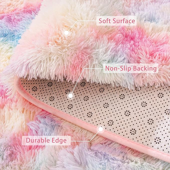 Beglad Fluffy Area Rugs 4x6 Feet, Modern Minimalist Style Shag Rugs, Non-Slip Indoor Carpet Soft Rugs for Bedroom, Living Room & Kids Room, Rainbow