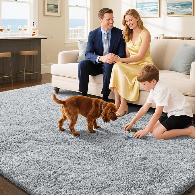 Fluffy Rug Shaggy Area Rug, Grey 6x9 Area Rugs for Living Room, Large Shag Area Rugs for Bedroom Kids Room Home Decor, Upgrade Anti-Skid Rectangular Fuzzy Rugs