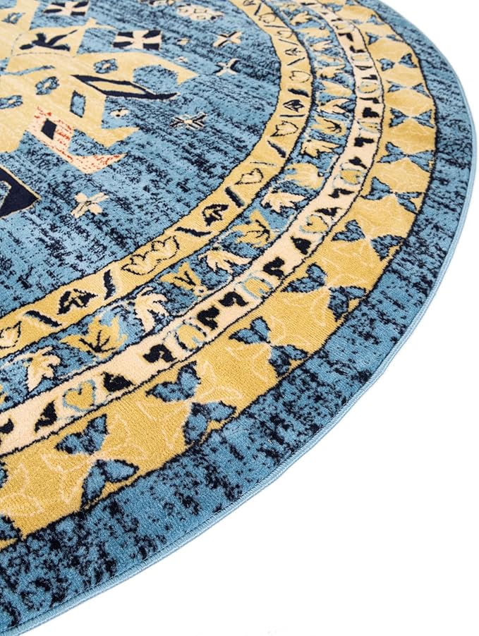 Unique Loom Taftan Collection Border Geometric Tribal Inspired Design Area Rug (8' 0 x 8' 0 Round, Light Blue/ Gold)