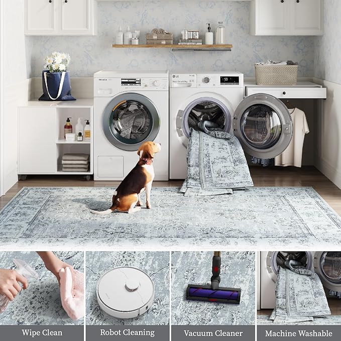 jinchan Fiora Hallway Runner Rug 3x8 Washable Runner - Vintage Floral Non Slip Low-Pile Soft Thin Faux Wool Kitchen Rug Distressed Carpet for Farmhouse Bedroom Laundry Room(3x8ft, Grey)