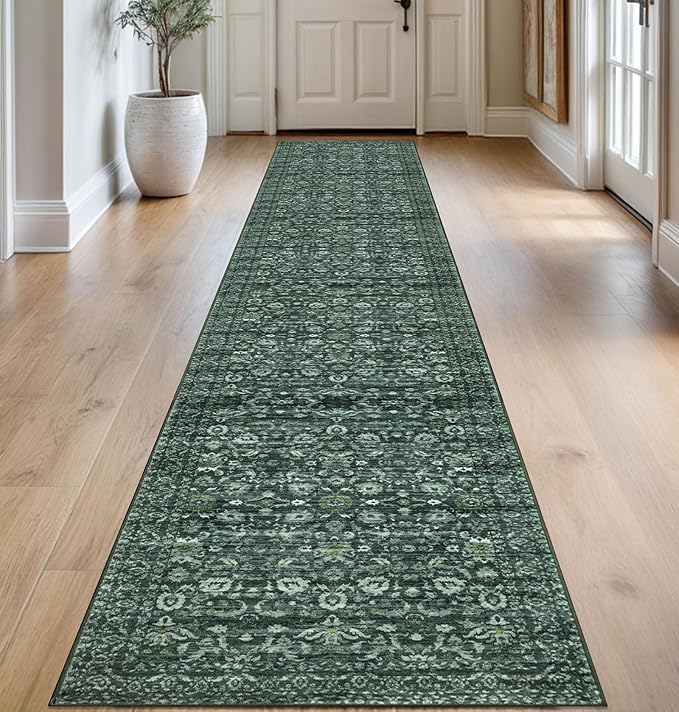 Runner Rug 2.6x14, Dark Green Washable Long Hallway Rug Runner Non-Slip Soft Kitchen Runner Thin Printed Faux Wool Super Soft Carpet for Entryway Bedroom Laundry Room Indoor Home Decor