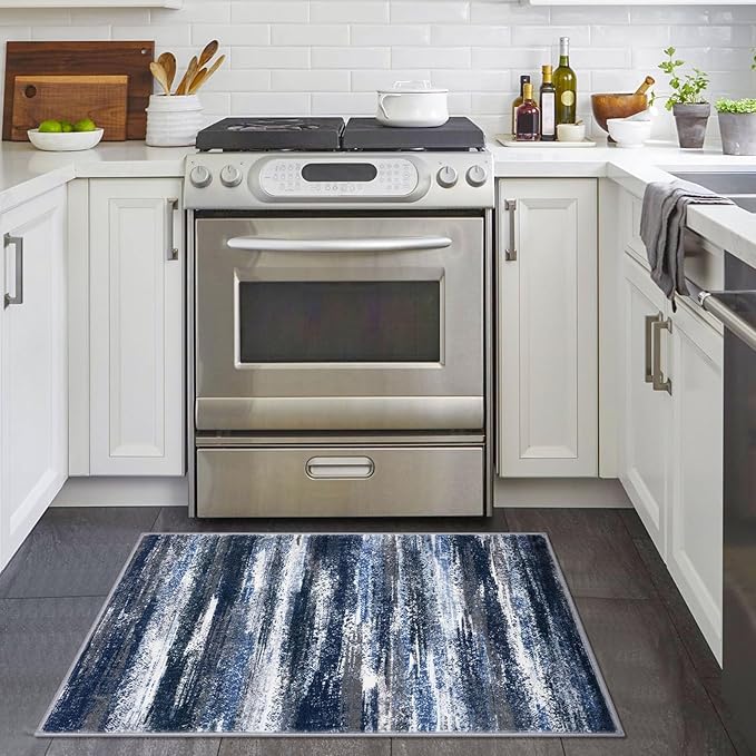 Modern Abstract Entryway Rug Indoor 2x3 Washable Rug Non-Slip Soft Small Area Rug Navy Blue Kitchen Mats Thin Print Faux Wool Floor Carpet Throw Rugs for Entrance Bedroom
