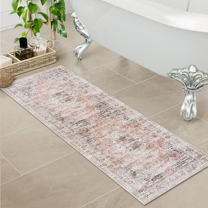 Uphome Bathroom Rugs Runner, Distressed Farmhouse Boho Blush Pink Bath Mat, Non Slip Washable Long Bath Rugs, Vintage Traditonal Soft Bathroom Runner for Bathtub Sink Shower, 18x47 inch