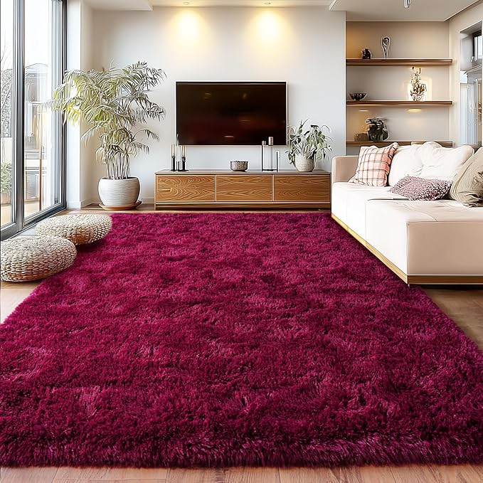 Burgundy Plush Rug for Living Room Fuzzy Carpet for Bedroom Dorm, Non-Slip High Pile Rug, Shag Rug for Playroom Nursery Home Office Decor 9X12 Ft