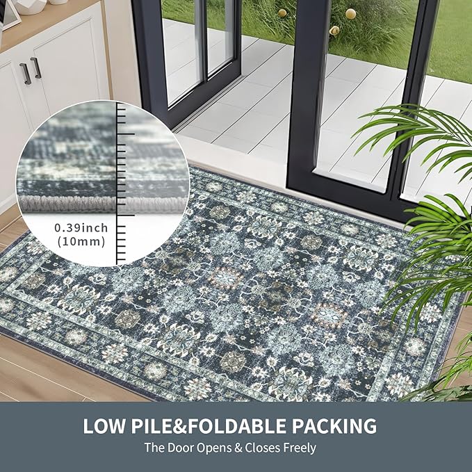 Washable 9×12 Area Rug for Living Room, Vintage Floral Rug Soft Non Slip Stain Resistant Boho Carpet for Indoor Bedroom Dinning Room Home Office Blue/Navy