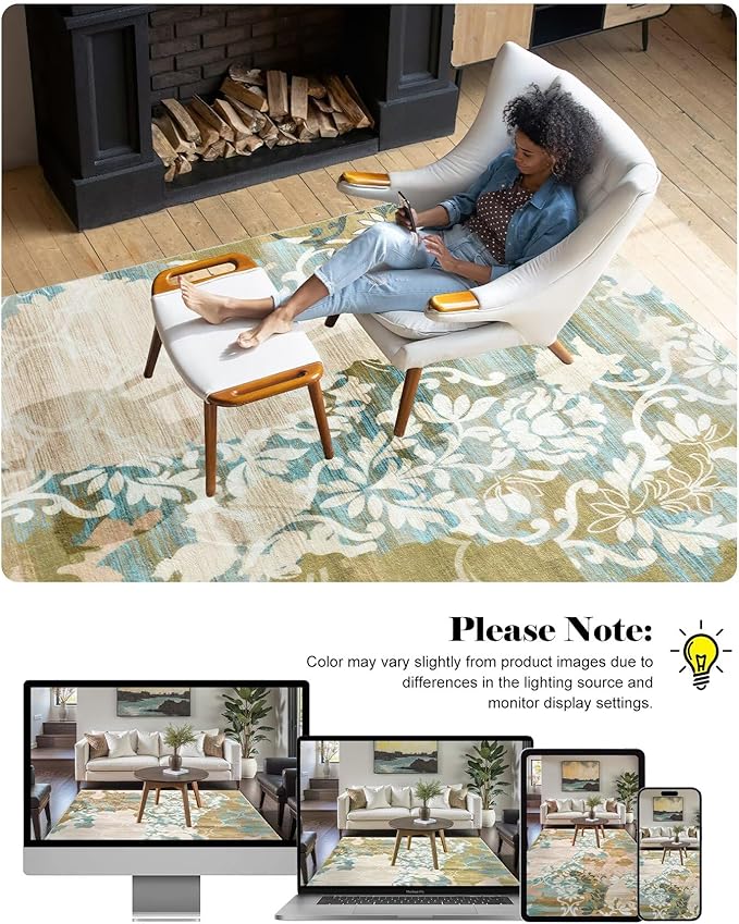 Washable Abstract Rug, 9x12 Willow Green and Blue Floral Area Rugs with Non-Slip Rubber Backed for Living Room, Low Pile Modern Throw Carpet Bedroom Dining Room Decor