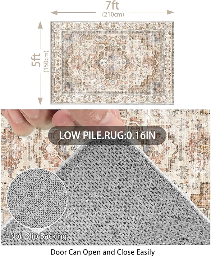 Enkor Area Soft Rugs 5x7 Washable Non Slip Boho Floor Rugs for Living Room Bedroom, Vintage Style Farmhouse Mat for Kitchen Entryway Beige & Brown