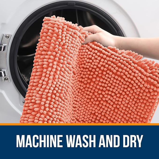 OLANLY Bathroom Rugs 47x24, Extra Soft Absorbent Chenille Bath Rugs, Rubber Backing Quick Dry, Machine Washable Bath Mats for Bathroom Floor, Tub and Shower, Home Decor Accessories, Coral