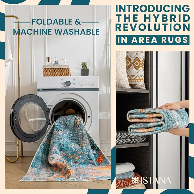 Istana Living Room Rug 10x14 - Multi/Blue 10 x 14 Area Rug - Foldable Machine Washable Area Rugs 10x14 - Stylish 10x14 Area Rugs Boho - Stain Resistant Washable Rug 10x14