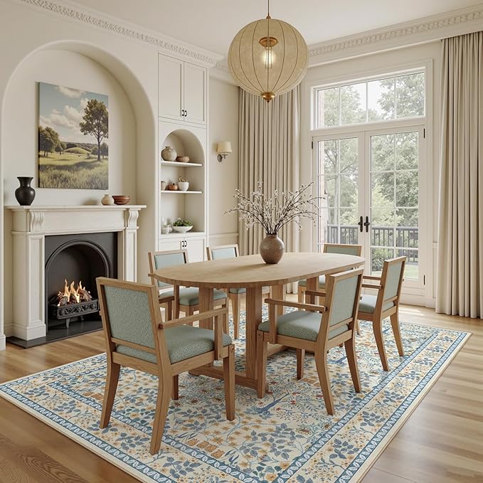 6x9 Area Rugs Living Room Rug - Floral Vintage Morris-Inspired Washable Carpet, Low Pile Non-Shedding Stain Resistance Boho Soft Carpet for Bedroom, Dining Room, Office, Farmhouse (6'x9' Blue/Orange)