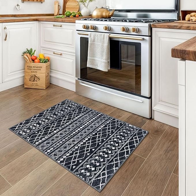 KUTA Moroccan Boho Entryway Rug, 2x3 Black Entrance Small Area Rug Non-Slip Washable, Ultra Soft Vintage Geometric Low-Pile Indoor Door Mat Floor Carpet for Kitchen